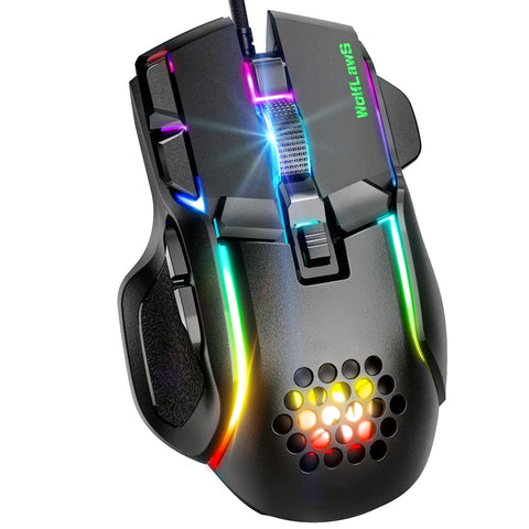 WolfLawS Wired Gaming Mouse, Computer PC Gaming USB Mice with 12 RGB Backlit Modes, High-Precision Adjustable 12800 DPI, 10 Programmable Buttons, Ergonomic Plug Play Gamer Mouse for Laptop Mac