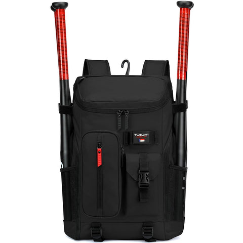 TUGUAN Baseball Backpack Equipment Bag for Adult with 4 Bat Holder & Fence Hook Lightweight Mens Softball Bag with Shoes Compartment Coaches Catchers Team Baseball Gear Bags Youth Boys, Black