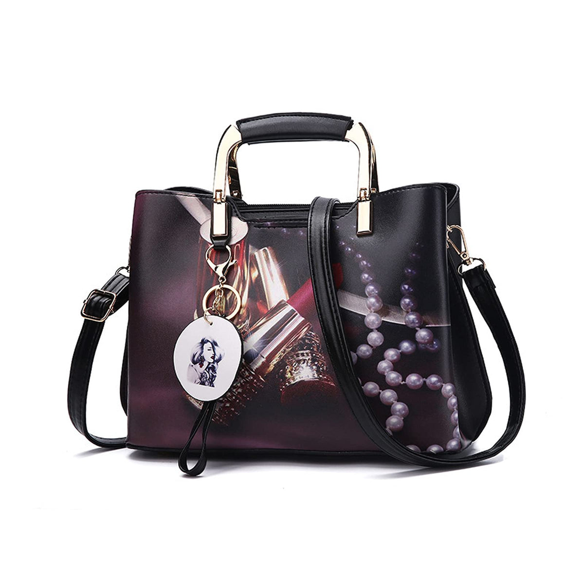 NICOLE & DORIS Handbags for Women Designer Top Handle Bags with Beautiful Pattern Tote Bags PU Leather Shoulder Bag with Pendant Unique Crossbody Bag Black