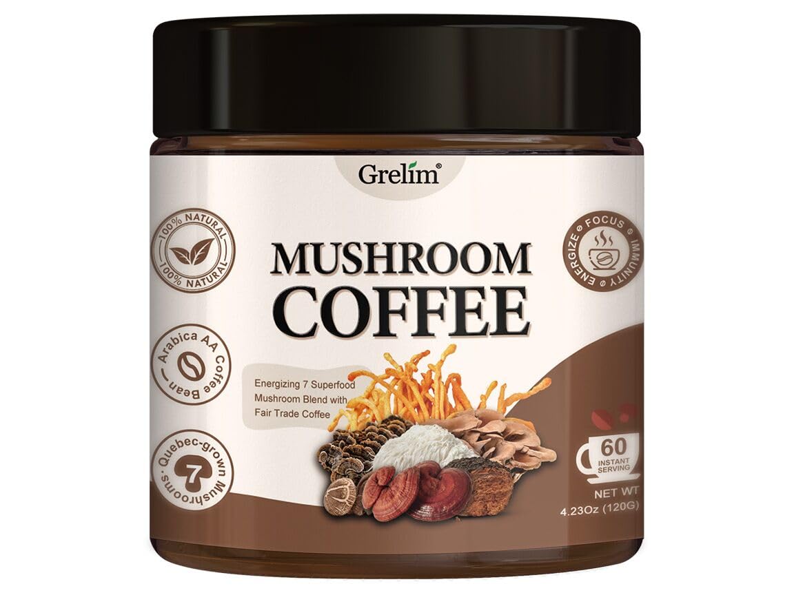 Grelim Mushroom Coffee with 7 Superfood Mushrooms, Great Tasting Arabica Instant Coffee 4.23 Oz