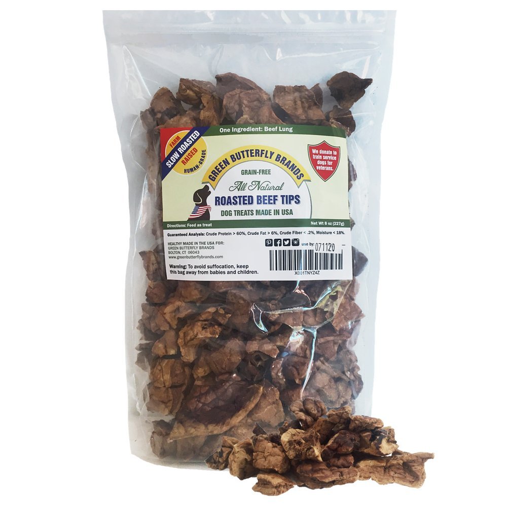 Green Butterfly Brands Beef Dog Treats - Made in USA Only - All Natural, Meaty Beef Tips - Premium Slow Roasted American Beef - Grass Fed, Farm Raised - Crunchy, Grain Free Training Treat, 8 Ounces