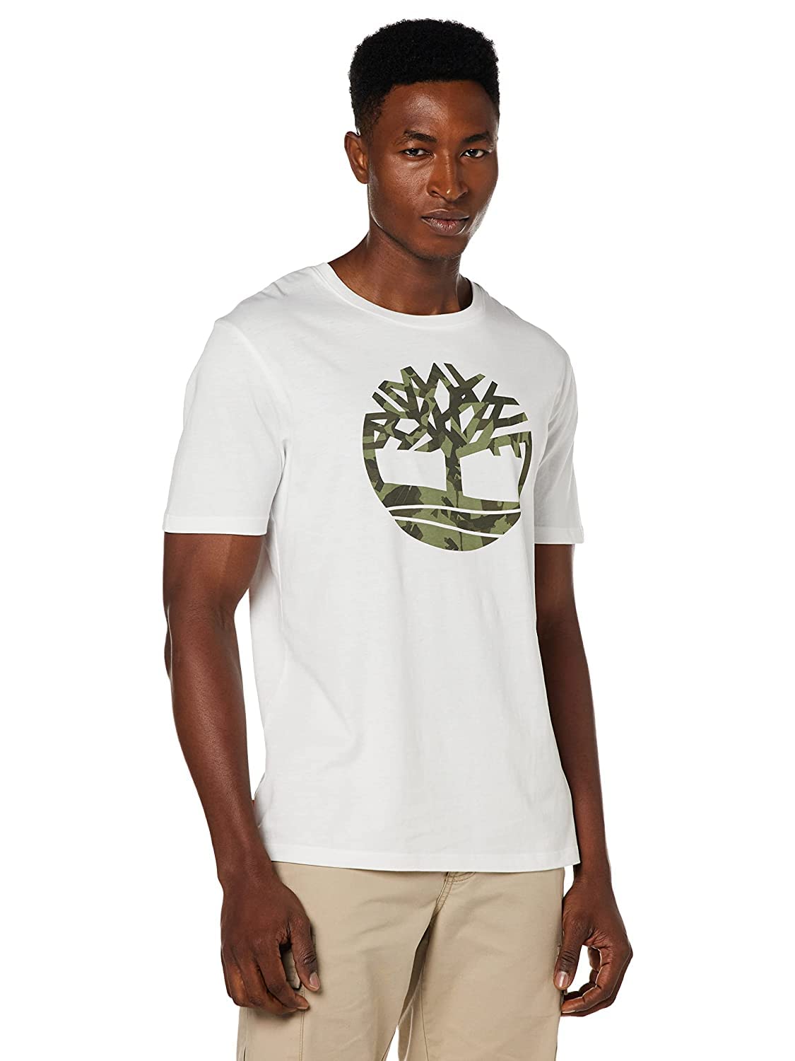 Timberland Men's Short Sleeve Tree Logo Ringer T-Shirt (Large, White/Camo)