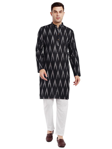 SKAVIJ Men's Pure Cotton Printed Kurta Pajama Set Ikat Design Casual Ethnic Dress (KP118black_Black_XL)