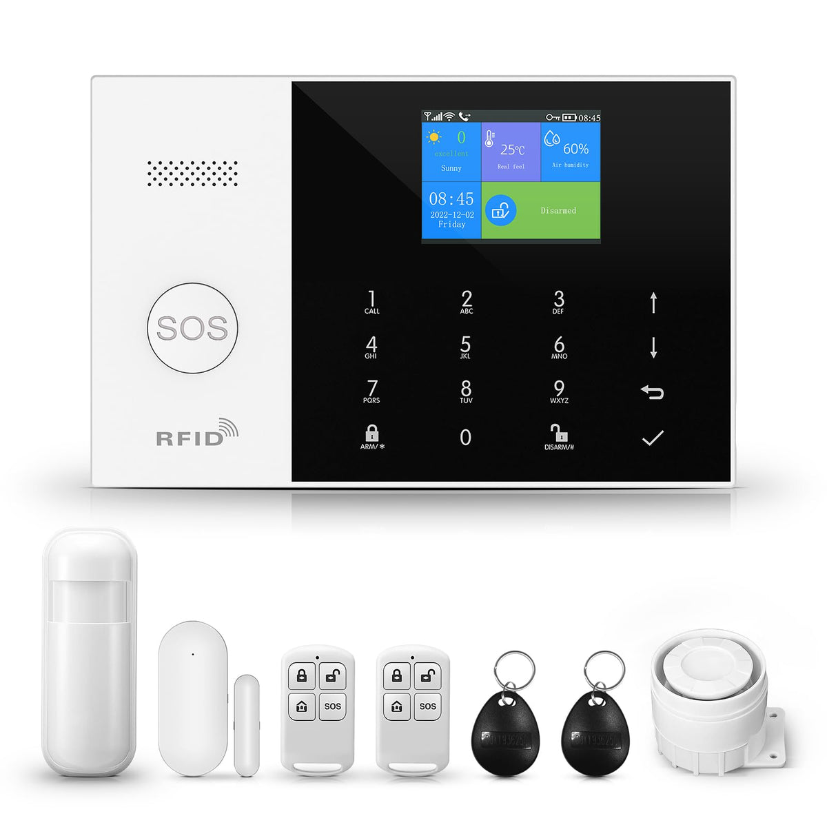 PGST Home Security System, 8 Piece WiFi GSM 2G Home Security Alarm System with Remote Control Door Window Alarm Sensor IR Motion Detector Compatible with Alexa