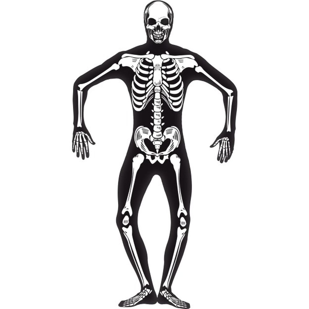 Smiffys Skeleton Second Skin Costume, Black with Concealed Fly & Under Chin Opening, GID, Halloween Adult Fancy Dress, Skeleton Dress Up Costumes