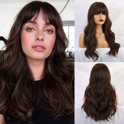 EMMOR Long Wavy Wigs with Bangs Dark Brown Wigs for Women, Heat Resistant Synthetic Wigs for Daily/Party/Cosplay (24 Inch,Dark Brown)