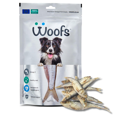WOOFS Dried Sprat Fish Dog Treats Dog Treats & Cat Snack 100% Natural Air-Dried Fish Treat for Dogs, Puppy & Senior Gluten Free and vetinary tested Treats - Reusable Treat Pouch - 100% Sprats 100g