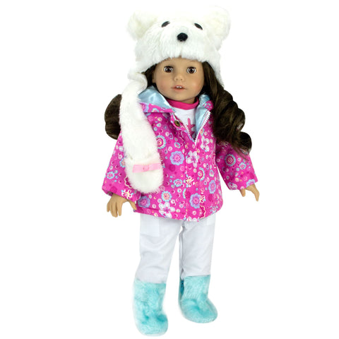 Sophia's Doll Winter Snow Outfit 4 Piece Set Complete with Fur Boots, Print Parka, Snow Pants and Polar Bear Hat for 18" Dolls