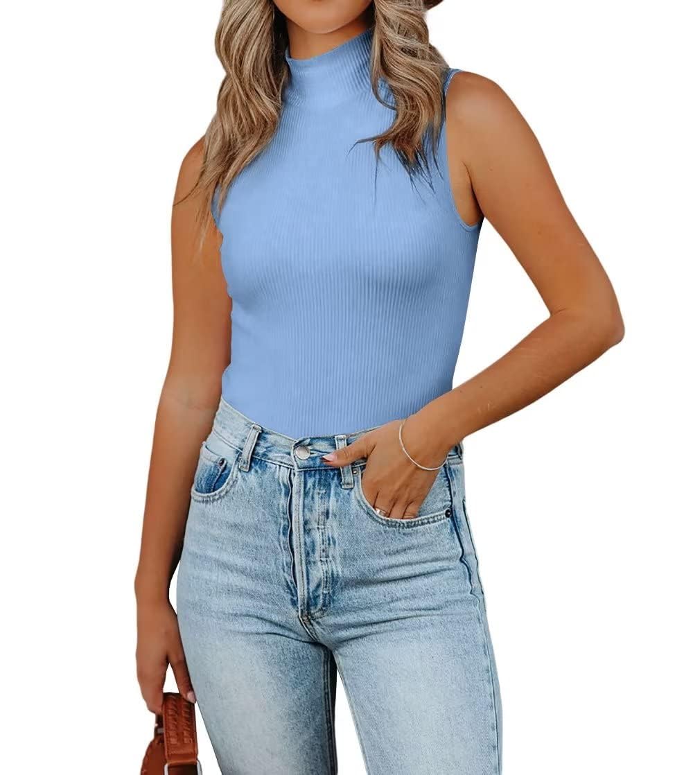 Tank Tops for Women's Mock Turtleneck Top 2024 Summer Basic Sleeveless Stretch Ribbed Slim Fit Shirt Blue Small