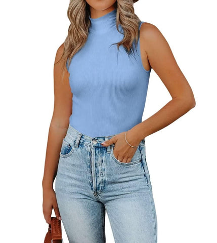 Tank Tops for Women's Mock Turtleneck Top 2024 Summer Basic Sleeveless Stretch Ribbed Slim Fit Shirt Blue Small