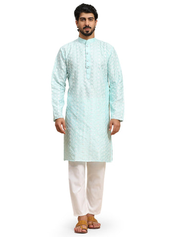 SKAVIJ Men's Brocade Silk Embroidered Kurta Pajama Set Ethnic Motifs Thread Work Party Dress (KP134turquoise_Turquoise_S)