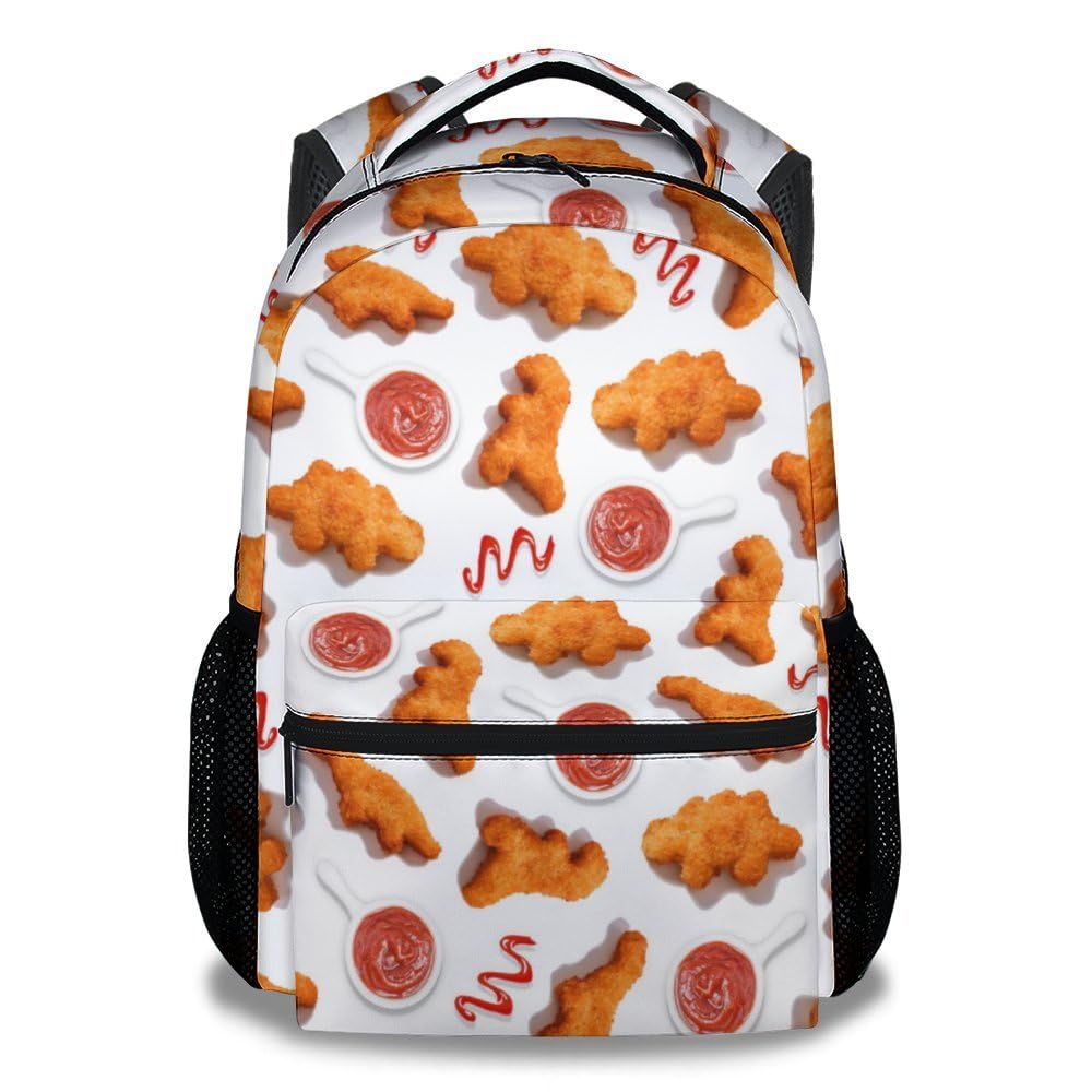 Eccustomized Chicken Nugget Kids Backpack for School, 16 Inches White Backpacks for Kids Age 6-8, Funny Lightweight Bookbag for Elementary