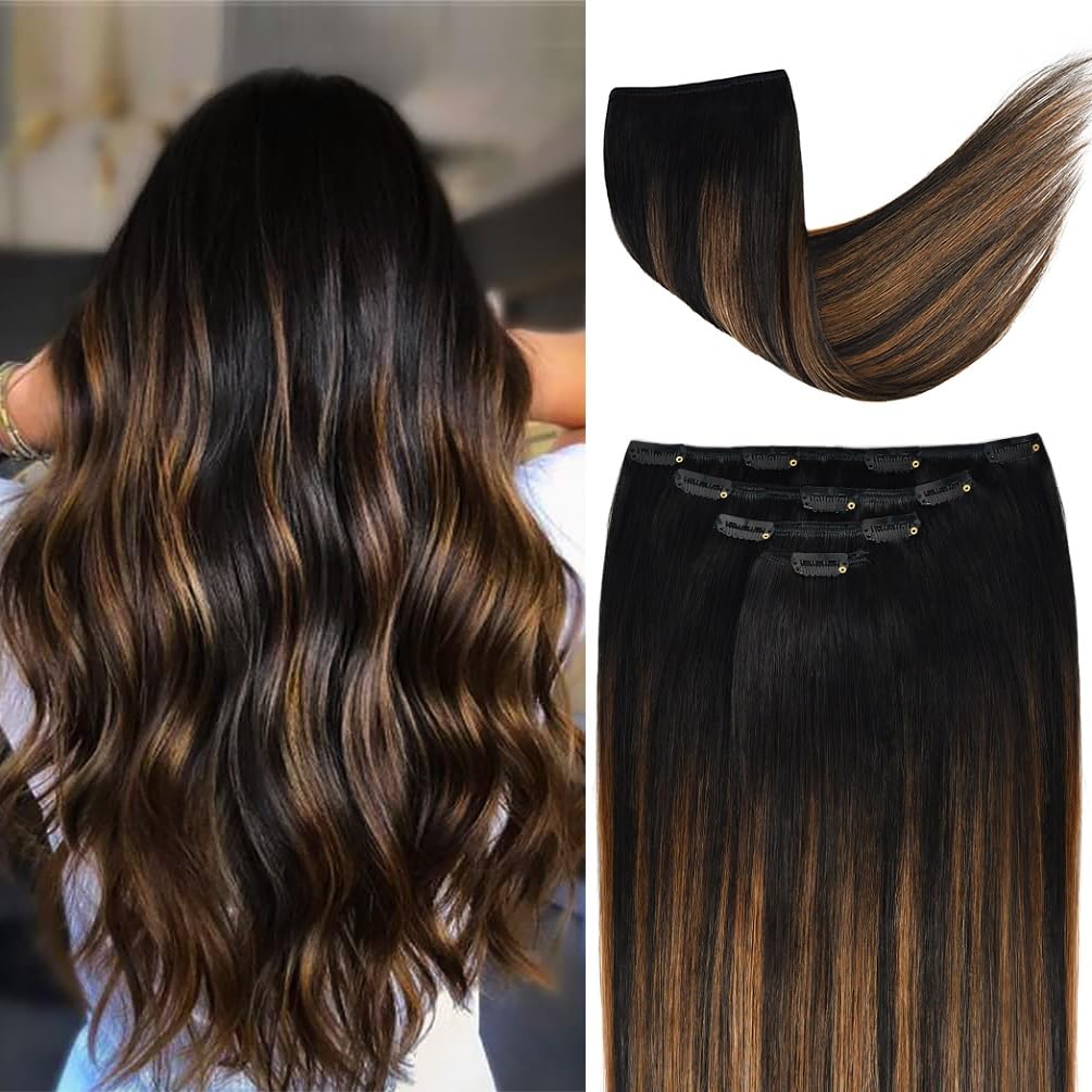 18" Hair Extensions Balayage Clip in Human Hair for Women - Silky Straight Natural Black to Chestnut Brown Highlight Black Ombre Hair 60grams 4pieces #(1BT6) P1B Color