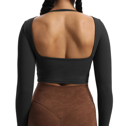Aoxjox Long Sleeve Crop Tops for Women Square Hollow Back Workout Crop T Shirt Top (Black, Medium)