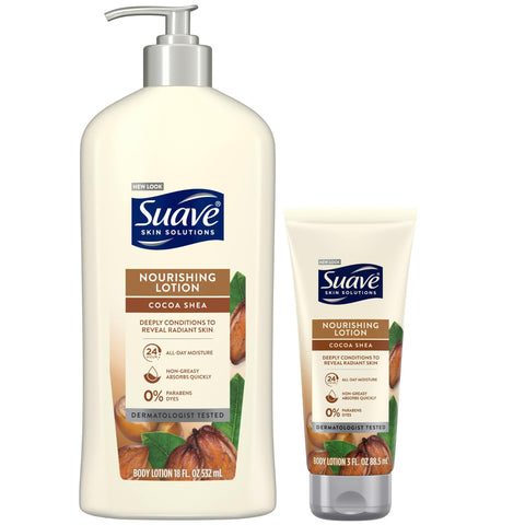 Suave Body Lotion Set - Nourishing Cocoa Shea Moisturizing Lotion, Cocoa Butter Lotion for Extremely Dry Skin, Travel Size & Full-Size (2 Piece Set)