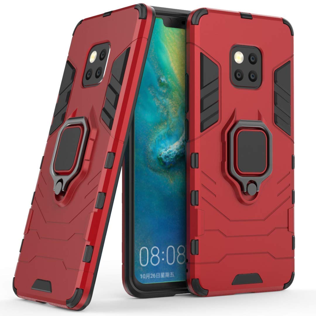 Compatible with Huawei Mate 20 Pro Case, Metal Ring Grip Kickstand Shockproof Hard Bumper Shell (Works with Magnetic Car Mount) Dual Layer Rugged Cover for Huawei Mate 20 Pro (Red)
