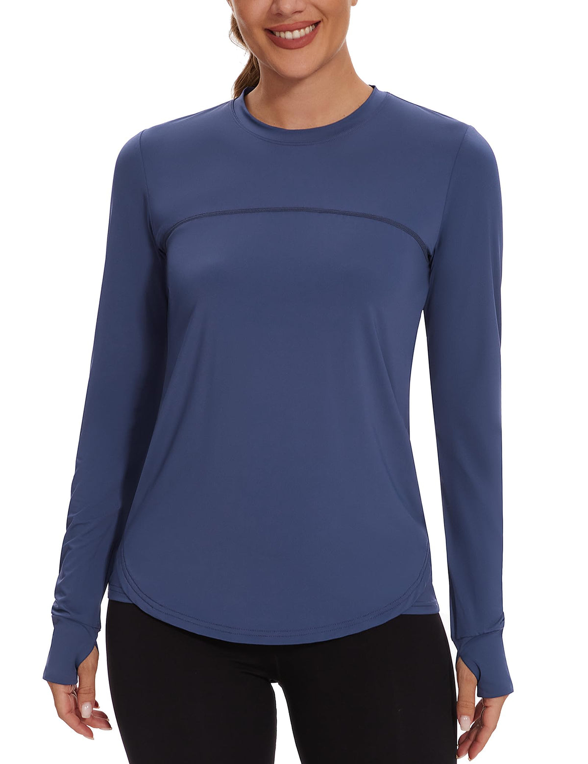 Gyabnw Long Sleeve Gym Tops UPF 50+ Women Running T-Shirt Quick Dry Casual Tee Shirt Workout T-Shirt with Thumbhole Blue