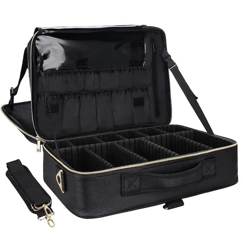 Relavel Makeup Case Large Makeup Bag Professional Train Case 16.5 inches Travel Cosmetic Organizer Brush Holder Waterproof Makeup Artist Storage Box, Large Capacity (Leather Black, Large)