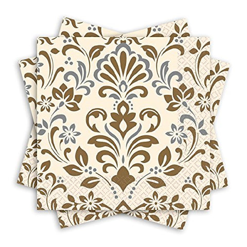 Amscan Durable Gold Damask Beverage Napkins Party (Pack of 16), Multicolor, 5" x 5"