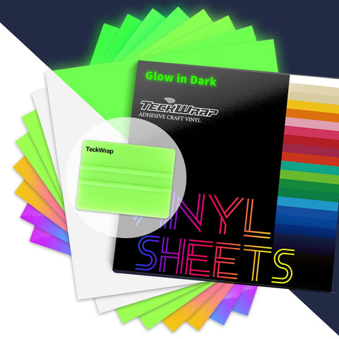 TECKWRAP Glow in The Dark Adhesive Vinyl Sheets 12" x 12" 8 pcs, Opal White, Peach Pink, Neon Green, White, 4 Colors & 1pcs Vinyl Squeegee for DIY Craft Cutter Sign Plotter Decals Scrapbooking