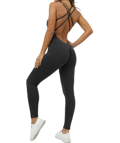 Qszmjo Double Strap Workout Catsuit Bodysuit Women's One Piece Solid Yoga Jumpsuit Sport Unitard Rompers for Tracksuit FitnessL