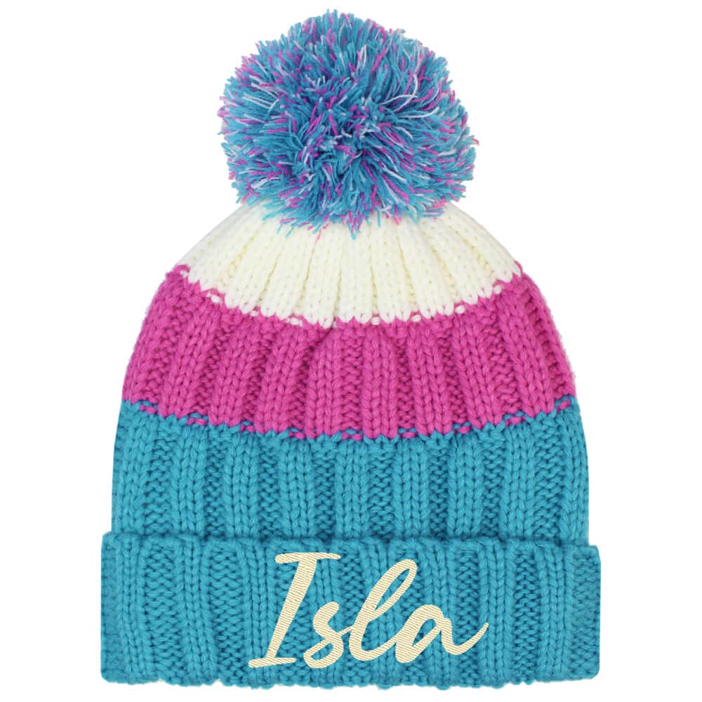 TeddyTs Personalised Embroidered Name Girls Striped Chunky Knitted Bobble Hat (4-10 Years) (Turquoise Mix)