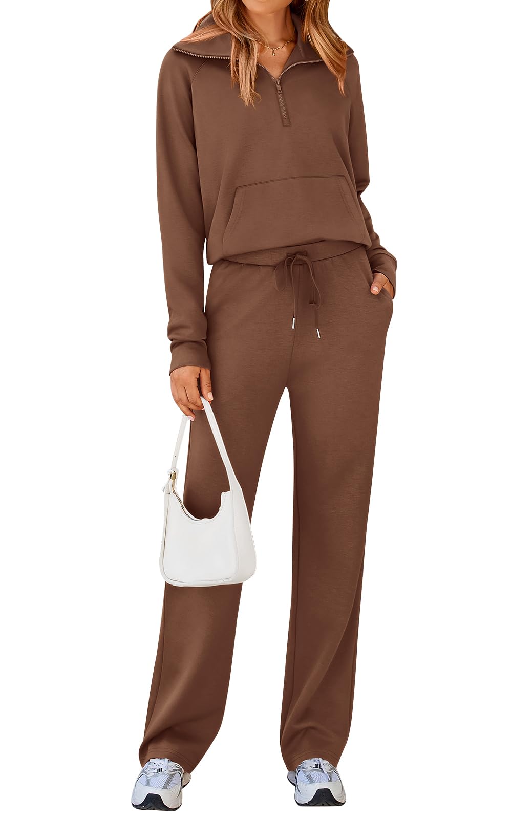 Potany Women 2 Piece Half Zip Sweatsuit Fall Outfits 2024 Casual Sweatshirt Wide Leg Sweatpants Matching Lounge Set Tracksuit(Coffee,L)