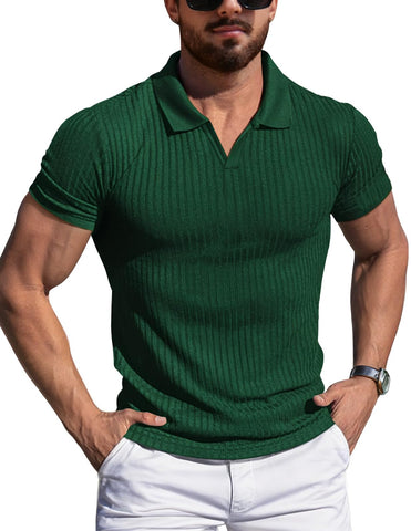YTD Mens Muscle V Neck Polo Shirts Slim Fit Solid Short Sleeve Golf T-Shirts Ribbed Knit Soft Tees M Dark Green