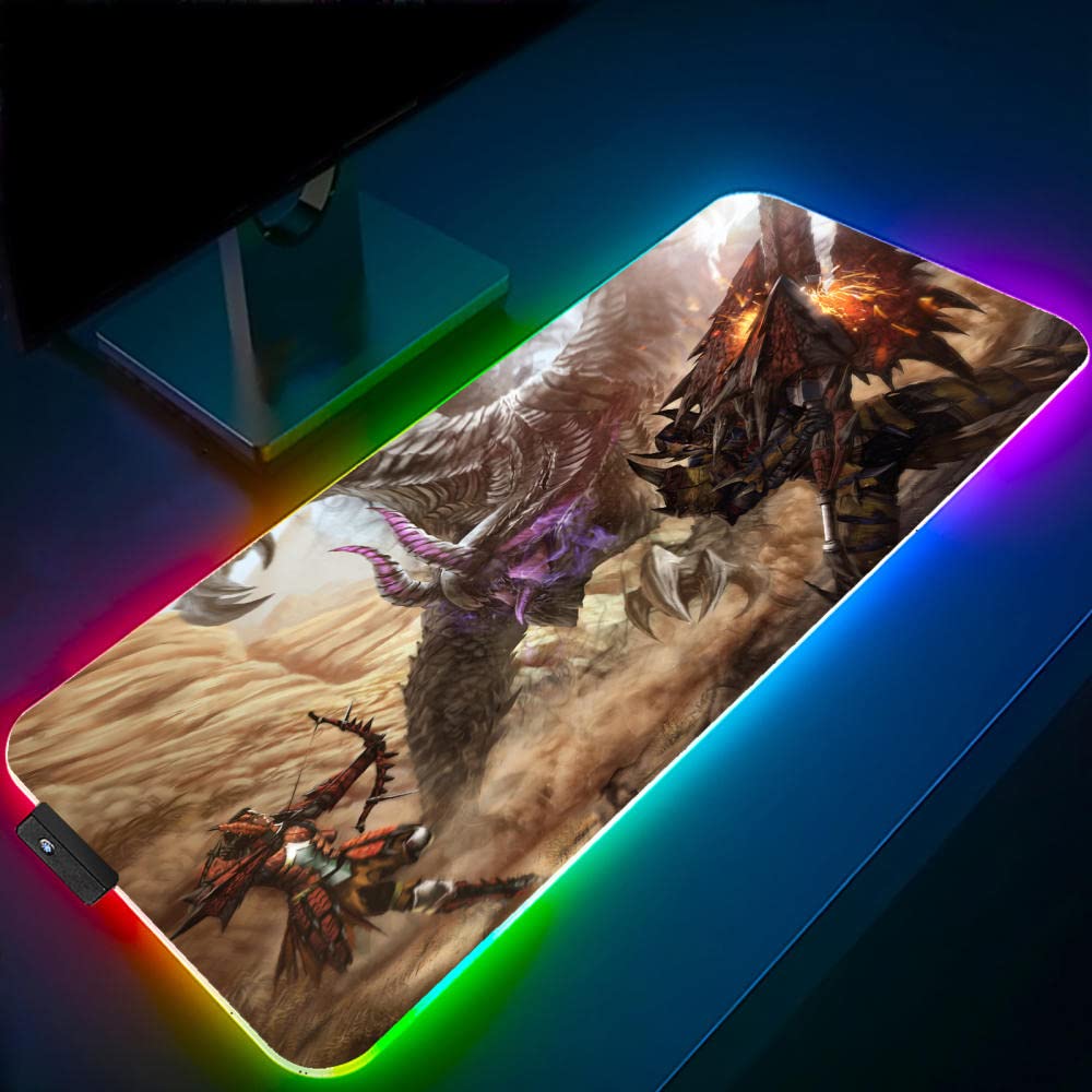 SQTYLJW Mouse Pads Game Monster Hunter RGB Gaming Mouse Mat LED Soft Extra Extended Large Gamer Anti-Slip XXL Pc Computer Keyboard Pad 23.62 inch X 11.8 inch X0.16 inch
