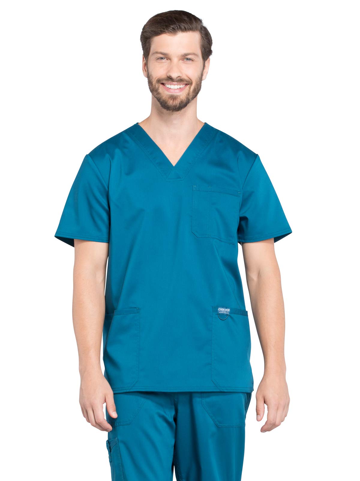 Cherokee V- Neck Men's Scrubs Top with Pockets WW670, M, Caribbean Blue