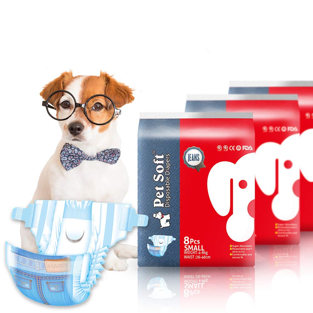 Pet Soft Female Dog Nappies Disposable - 24pcs -Puppy Dog Diaper - Denim Jeans/Cowboy Style - Super Absorbent Pet Puppy Pants - S