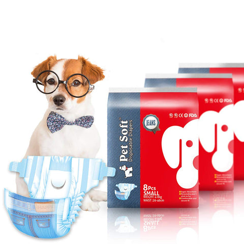 Pet Soft Female Dog Nappies Disposable - 24pcs -Puppy Dog Diaper - Denim Jeans/Cowboy Style - Super Absorbent Pet Puppy Pants - S