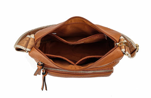 AOSSTA Cross Body Bag Women Leather Shoulder Bags Multi Zip Pocket With Wide Canvas Strap (Khaki)