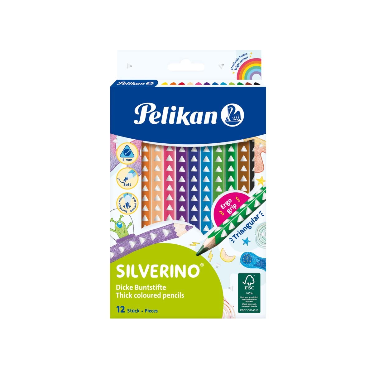 Silverino 12 x Triangular Thick Coloured Pencils