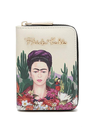 Frida Kahlo Cactus Collection Faux Leather Cute Zip Wallet - Beige/Black, SMALL, Black/Black, FC925BG-BK