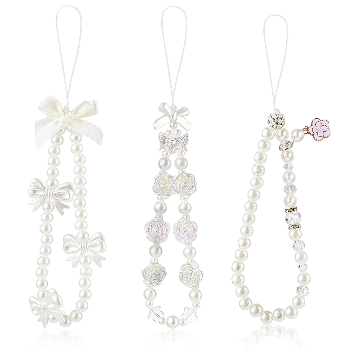 Butterfly Bow Knot Beaded Phone Charms Strap, 3 Pieces Anti Lost Cell Phone Wrist Lanyard Phone Bracelet Strap Cute Camera Charm Strap Pearl Beaded Phone Wrist Strap for Keychain Phone Wallet Camera
