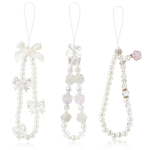 Butterfly Bow Knot Beaded Phone Charms Strap, 3 Pieces Anti Lost Cell Phone Wrist Lanyard Phone Bracelet Strap Cute Camera Charm Strap Pearl Beaded Phone Wrist Strap for Keychain Phone Wallet Camera