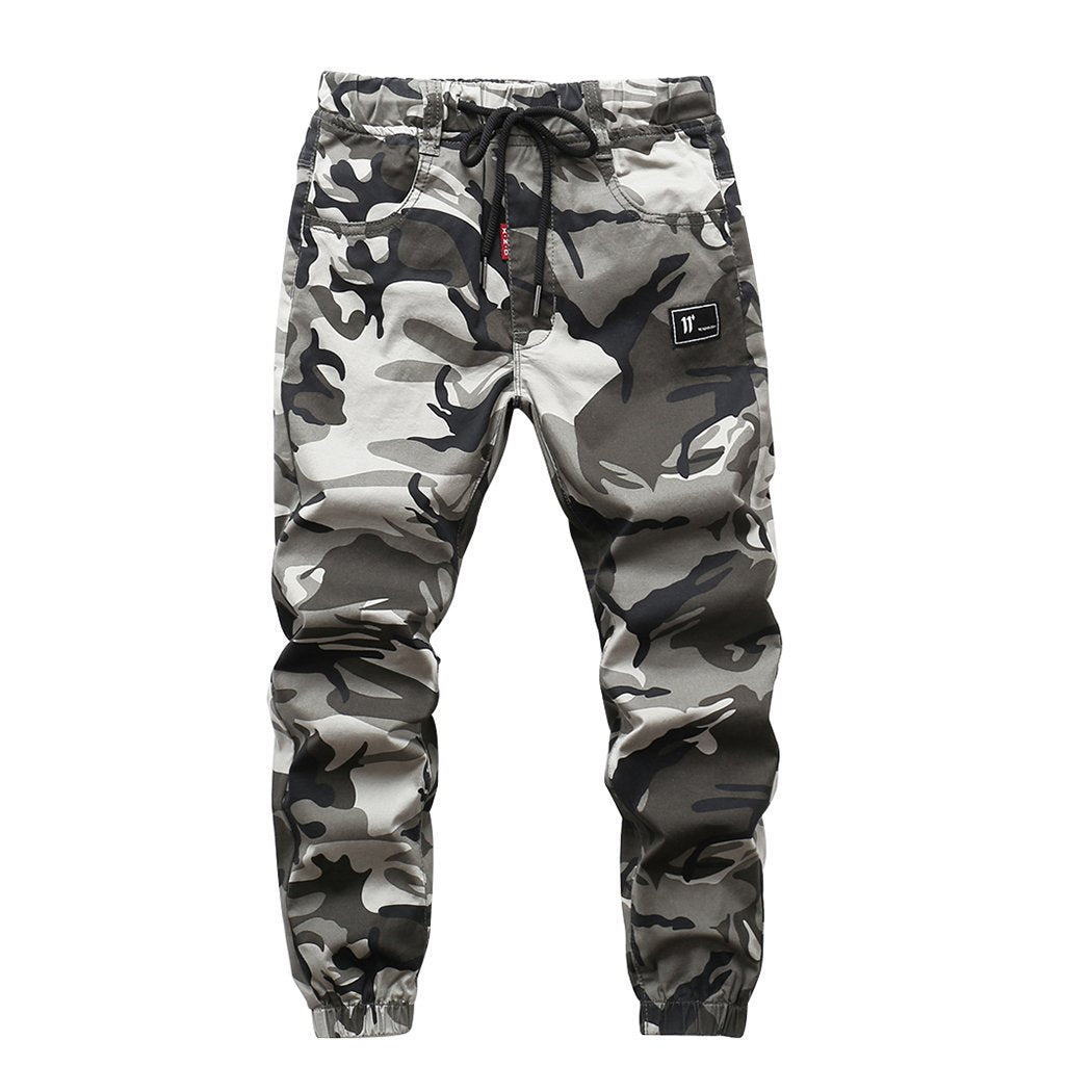 LOKTARC Boys Camo Pants Kids Pull On Drawstring Youth Camouflage Cargo Joggers Grey Size 130/6-7 Years