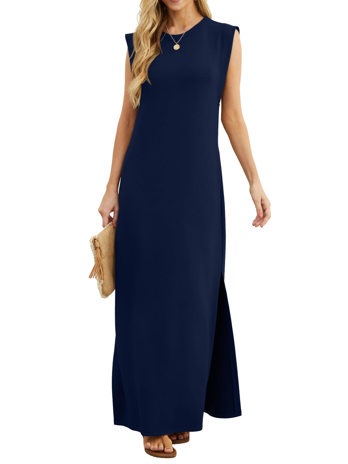 GRECERELLE Womens Summer Maxi Dress Casual Shirt Dresses Elegant Styles Basic Sleeveless Maxi Dresses for Women UK with Split and Pockets (Navy Blue, XXL)