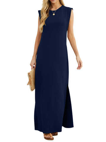 GRECERELLE Womens Summer Maxi Dress Casual Shirt Dresses Elegant Styles Basic Sleeveless Maxi Dresses for Women UK with Split and Pockets (Navy Blue, XXL)