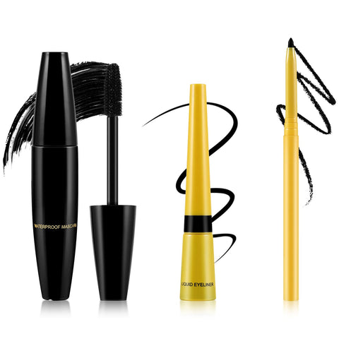 Boobeen 4D Silk Fiber Mascara & Eyeliner Pen, Long Lasting Waterproof Mascara and Eye Liner set, Volume and Length Mascara to Enlarge Eyes, Smudge-Proof Liquid Eyeliner for Eye Makeup