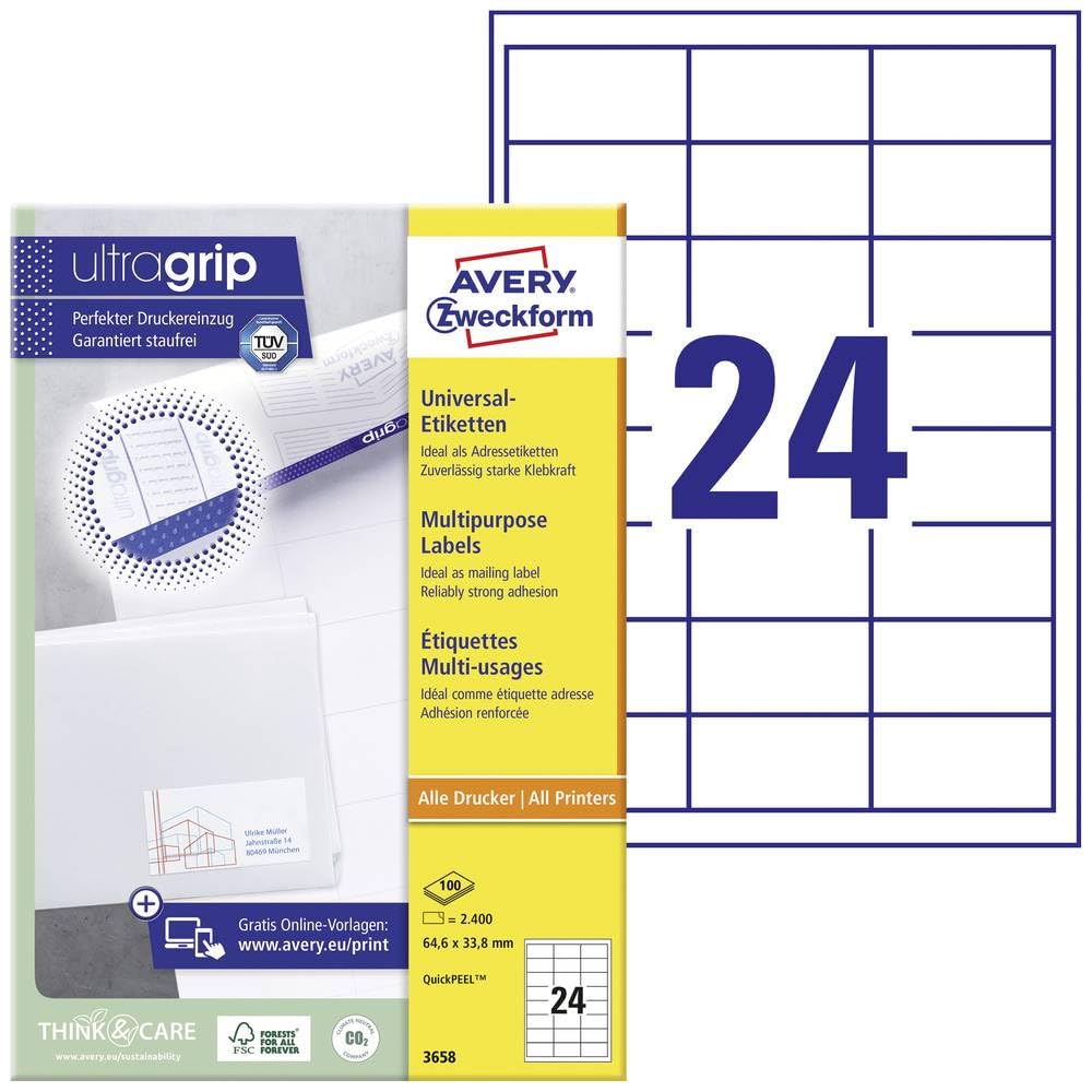 Avery Zweckform 3658 Address Labels A4 Pack of 2,400 Labels 64.6 x 33.8 mm Matt Paper (100 Sheets) White