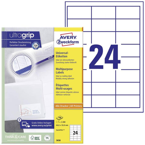 Avery Zweckform 3658 Address Labels A4 Pack of 2,400 Labels 64.6 x 33.8 mm Matt Paper (100 Sheets) White