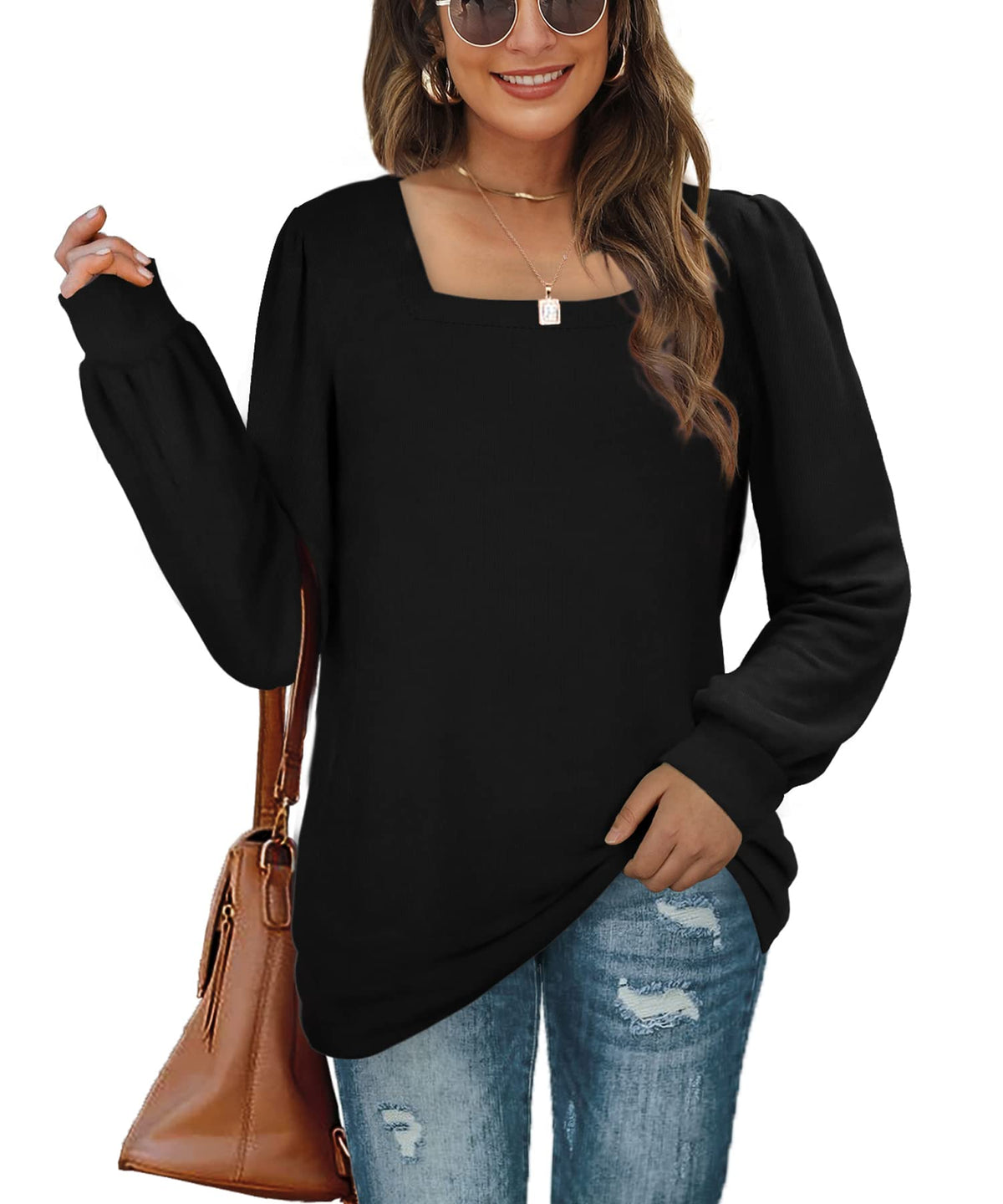 Aokosor Womens Sweatshirts Ladies Jumpers Square Neck Long Sleeve Tops Loose Fit Black Size 14-16