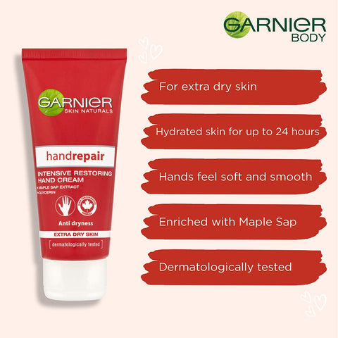 Garnier Hand Repair Intensive Restoring Hand Cream, Nourishing Canadian Maple Sap and Moisturising Glycerin, Leaves Skin Soft and Supple, Restores Extra Dry Hands, Suitable For Sensitive Skin, 100 ml