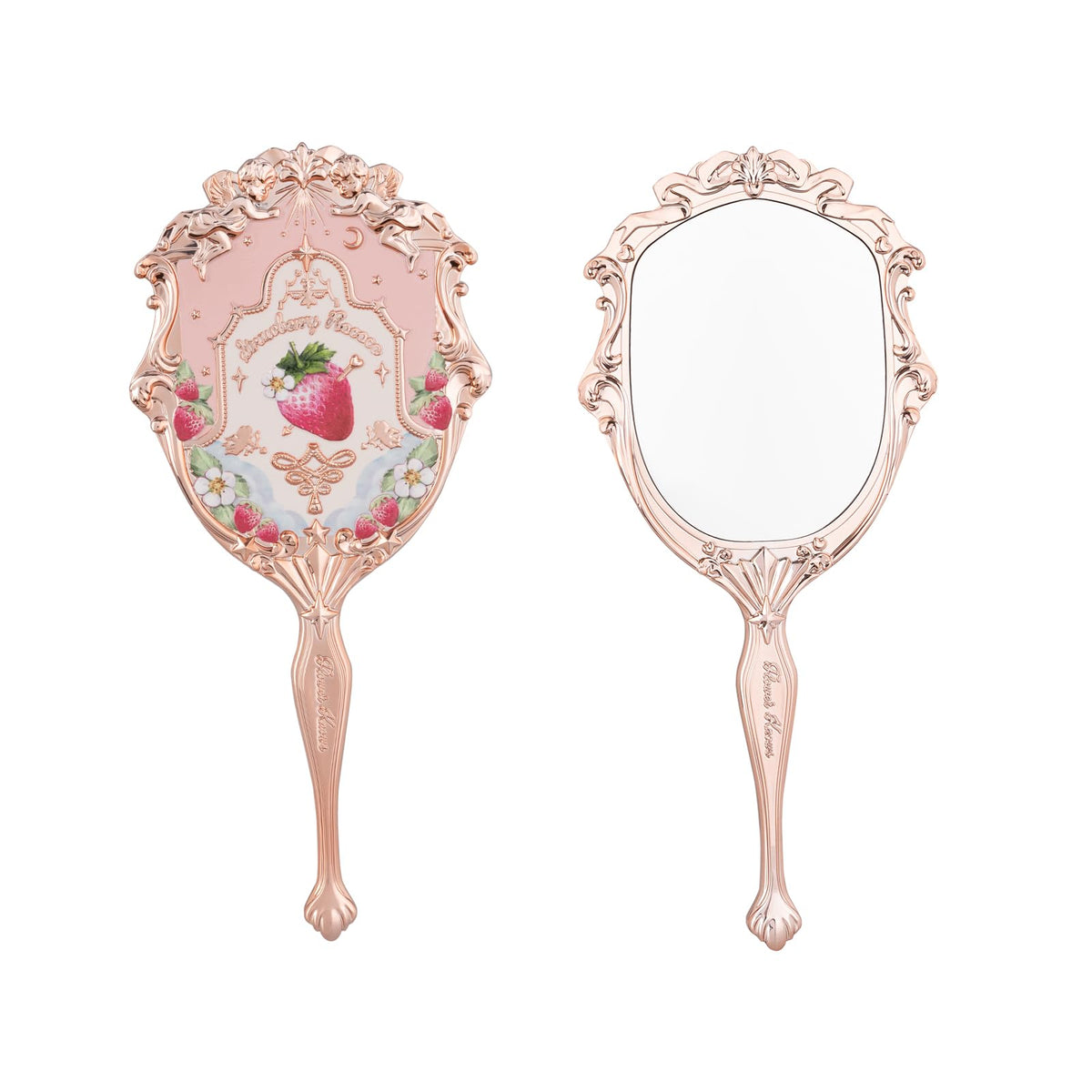 Flower Knows Strawberry Rococo Handheld Mirror,Portable Vintage Mirror,Durable Metal Mirror,Cute & Aesthetic Princess Mirror,with Long Handle for Easy Holding,Gift for Girls(Soft Pink)