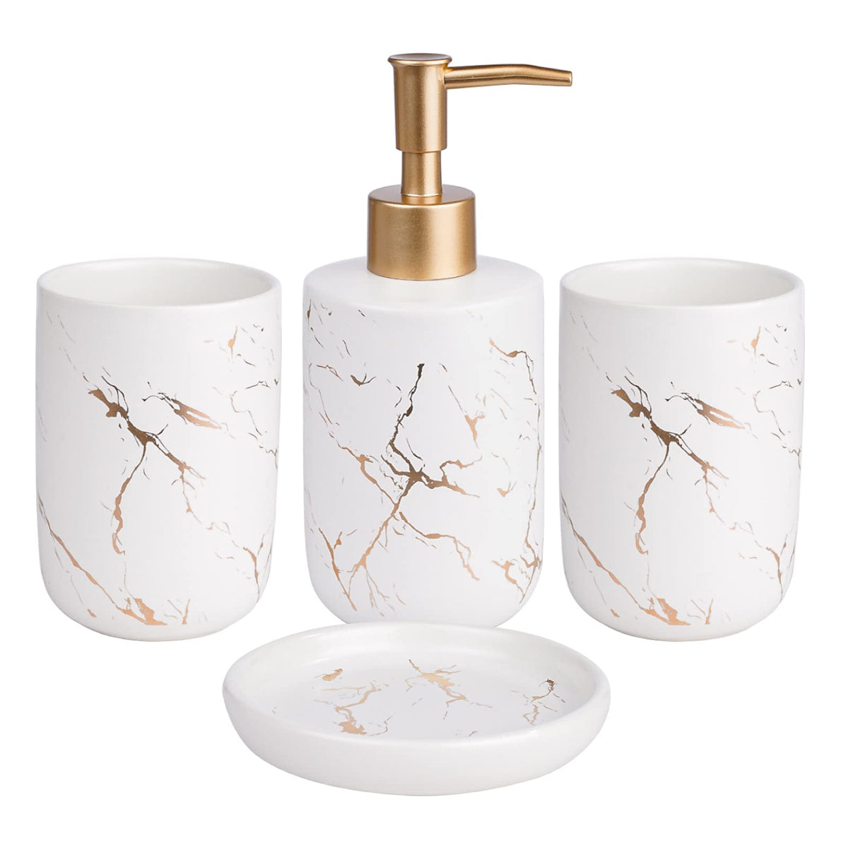EPFamily Creative Golden White Marble Bathroom Accessories Set,4 Pieces Include Soap Dispenser,2 Tumblers,Soap Dish