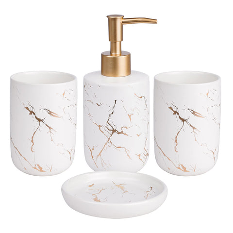EPFamily Creative Golden White Marble Bathroom Accessories Set,4 Pieces Include Soap Dispenser,2 Tumblers,Soap Dish