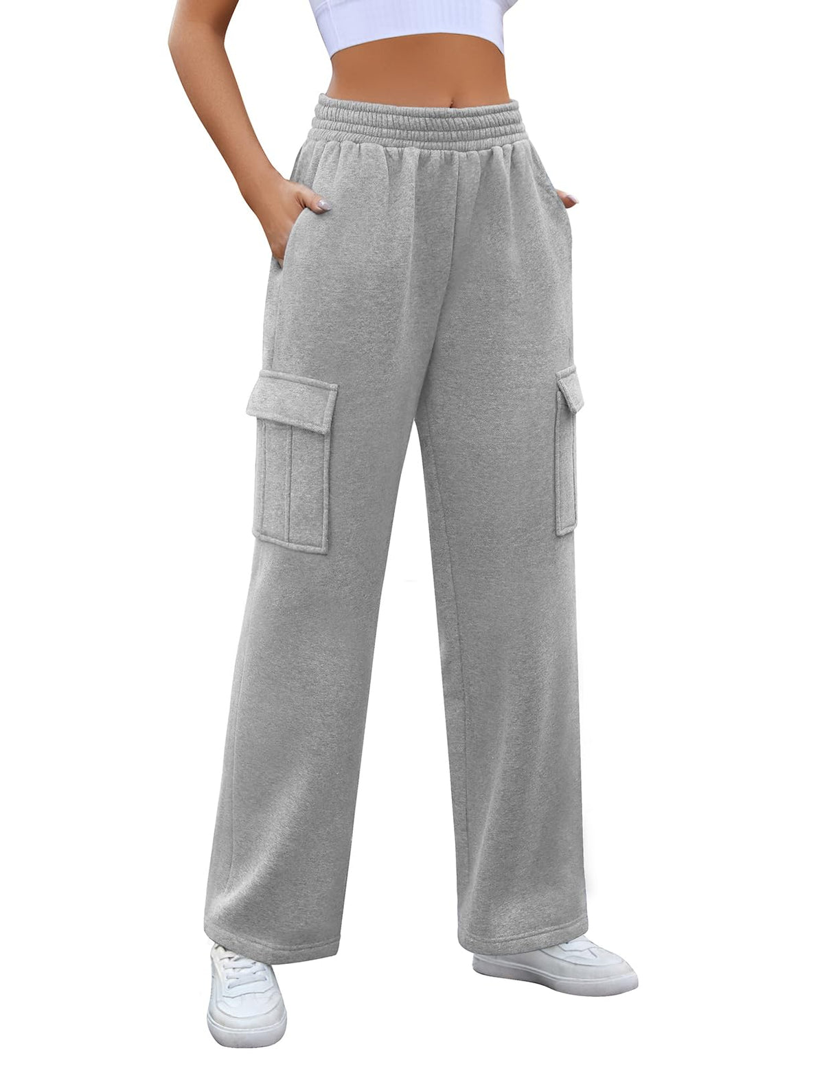 HEEKPEK Womens Cargo Sweatpants High Waisted Wide Leg Sweat Pants Casual Baggy Fleece Drawstring Joggers Pants Trendy Cute Y2k Cargo Pants Athletic Trousers Grey