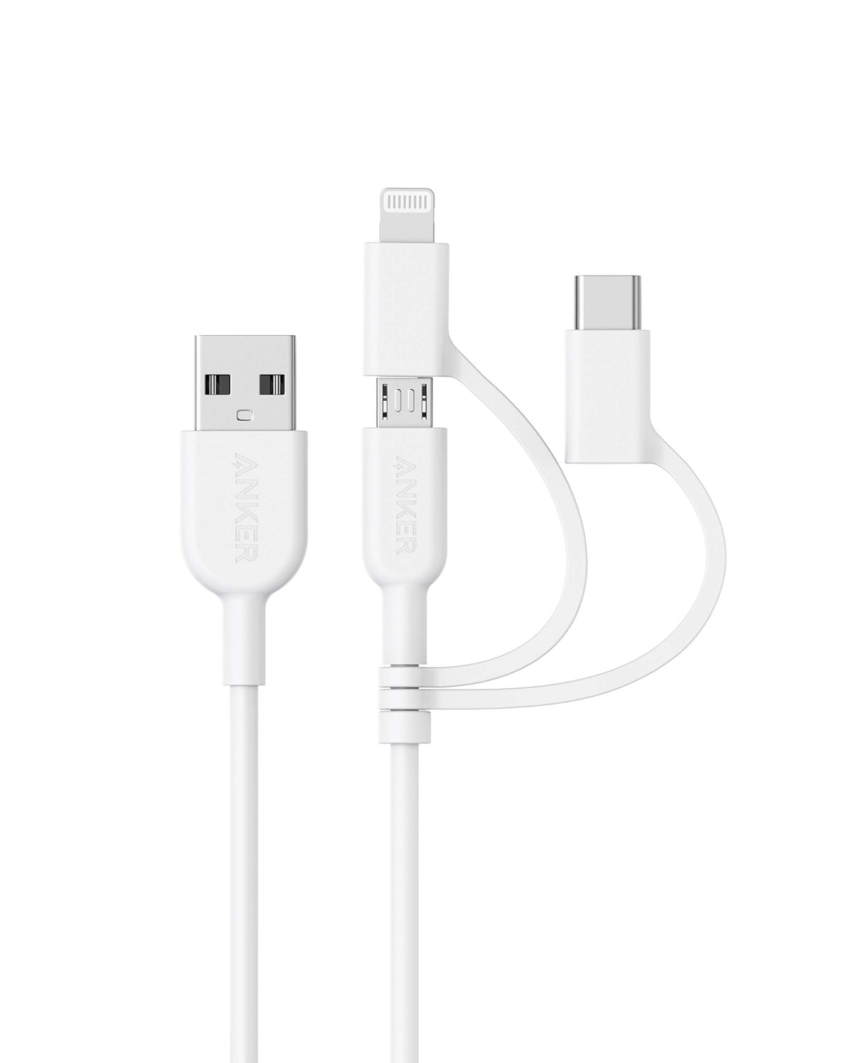 Anker PowerLine II 3-in-1 Cable, Lightning/Type C/Micro USB Cable for iPhone, iPad, Huawei, HTC, LG, Samsung Galaxy, Sony Xperia, Android Smartphones, and More(3ft) (White)